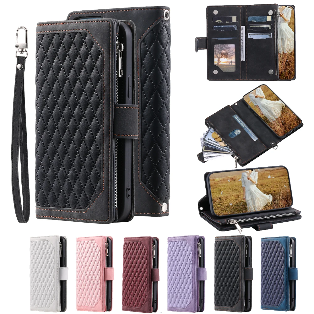 

Fashion Zipper Wallet Case For Oppo K9x Flip Cover Multi Card Slots Cover Phone Case Card Slot Folio with Wrist Strap