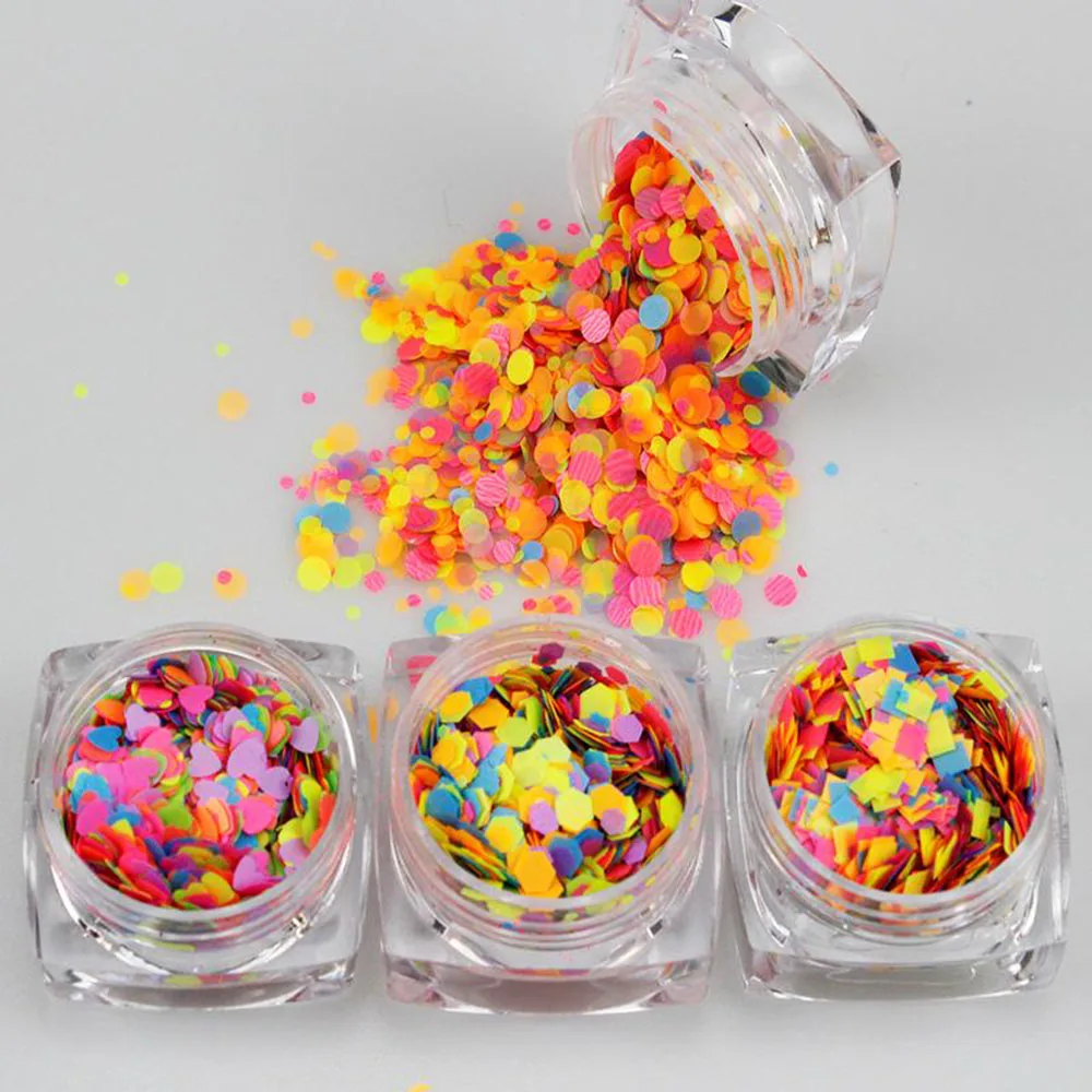 

Mixed Nail Glitter Flakes Fluorescent Color Ultra-thin Nail Sequins Sticker DIY Mixed-Shape Nail Art Decorations Flakes 2g/jars