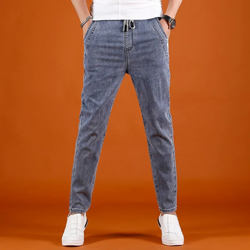 Summer Elastic Waist Jeans Men Streetwear Casual Light Blue Slim Fit Denim Pants