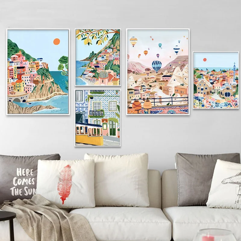 

Modern Famous City Tourism Wall Art Poster Cartoon Turkey Italy Portuguese Landscape Canvas Painting Living Room Home Decoration