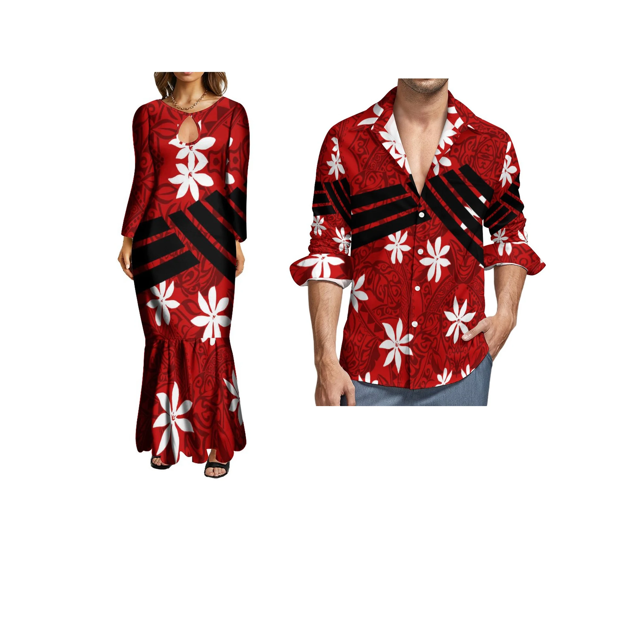 

Luxury Design Hawaii Fishtail Mermaid Dresse Polynesian Tribal Ladies Long Evening Dresses Match Men Shirt Sets Of Couple
