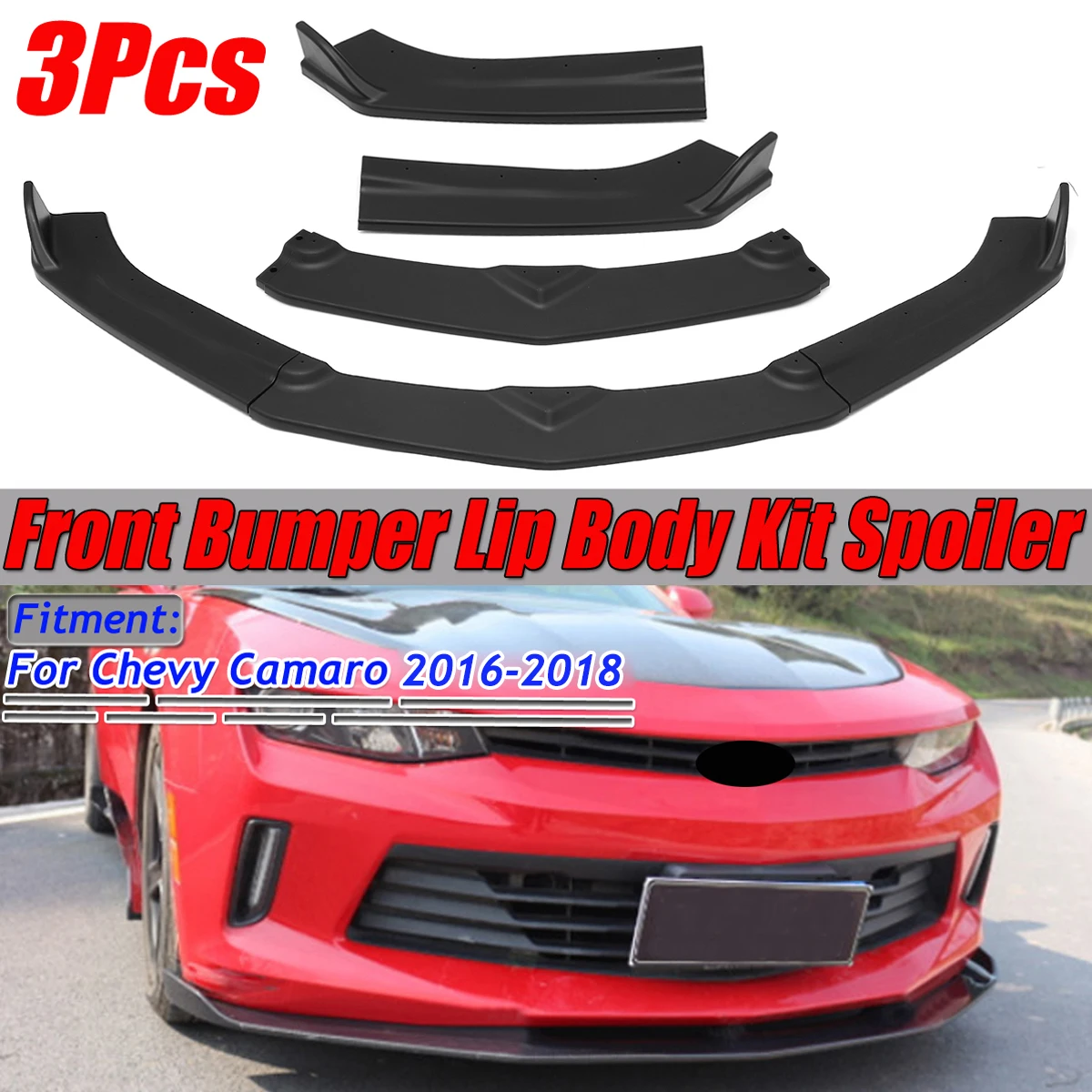

3PC Matte Black Car Front Bumper Splitter Lip Body Kit Deflector Lip Spoiler Diffuser Guard Protector For Chevy Camaro 2016-2018