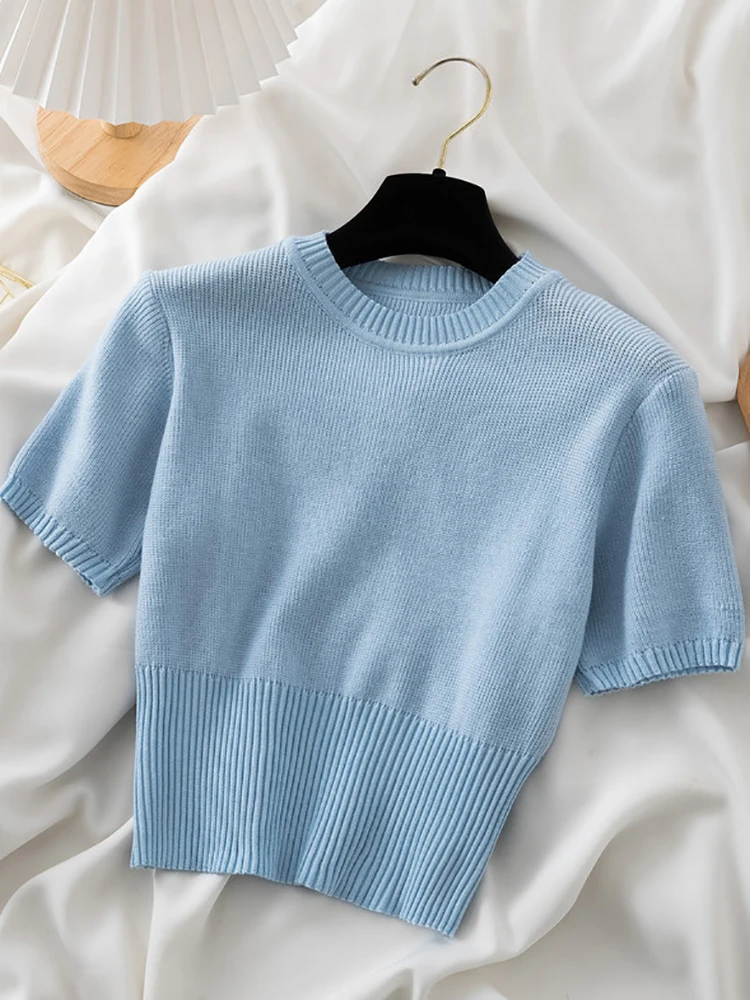 

Knitted Crop Top T Shirt Women Tops Thin Tshirt Short Sleeve T-Shirts Summer Womens Clothing Tee Shirt Femme Camisetas De Mujer