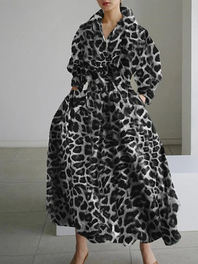 

Spring Fashion Lapel Double Pocket Slim Waist Dress Office Chic Commuter Long Dress Women 2022 Vintage Leopard Print Swing Dress