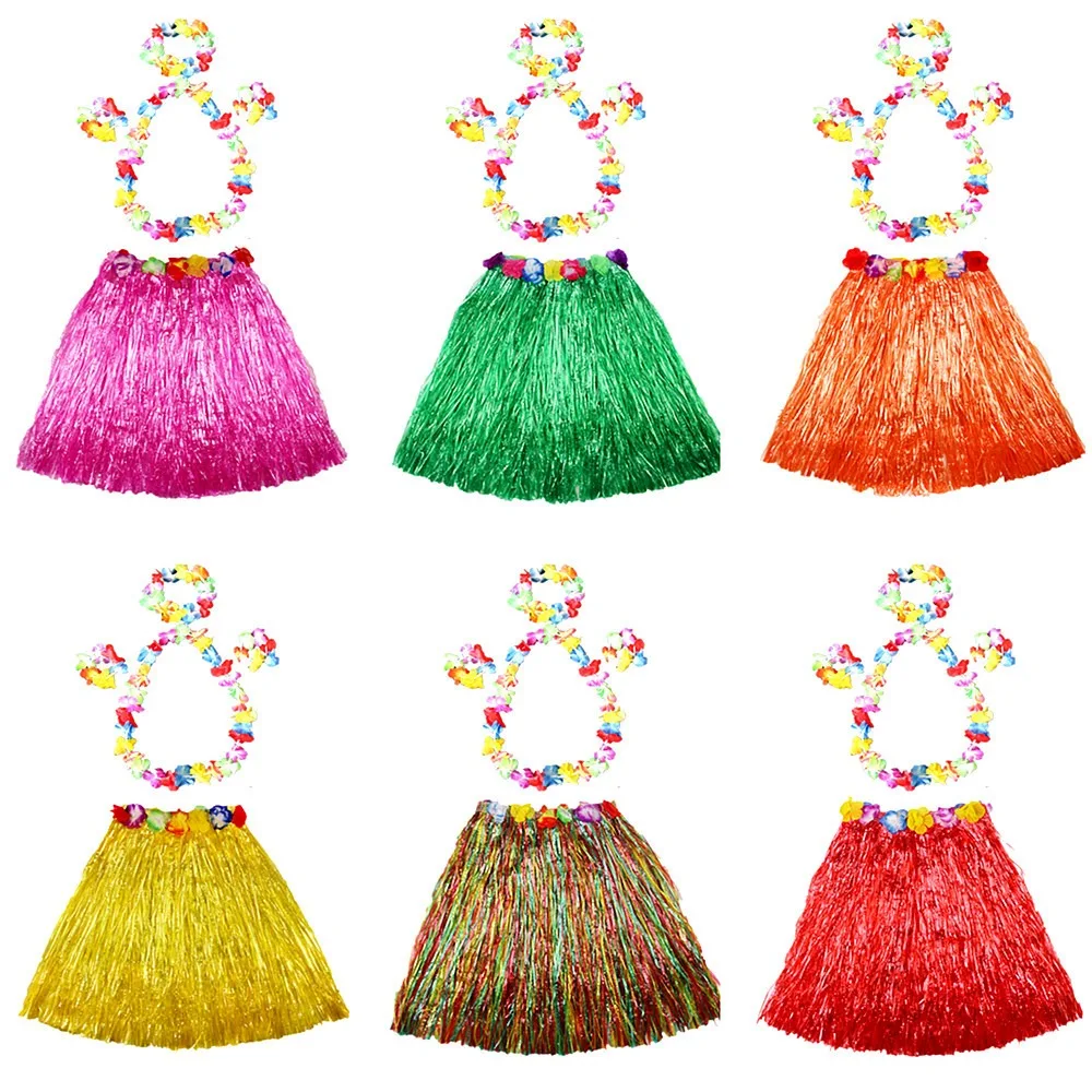 

5pc/set Garland Headband Bracelet Hawaii Fancy Dress Hula Show Costume Set Grass Skirt 40CM Plastic Fiber Grass Dress Women