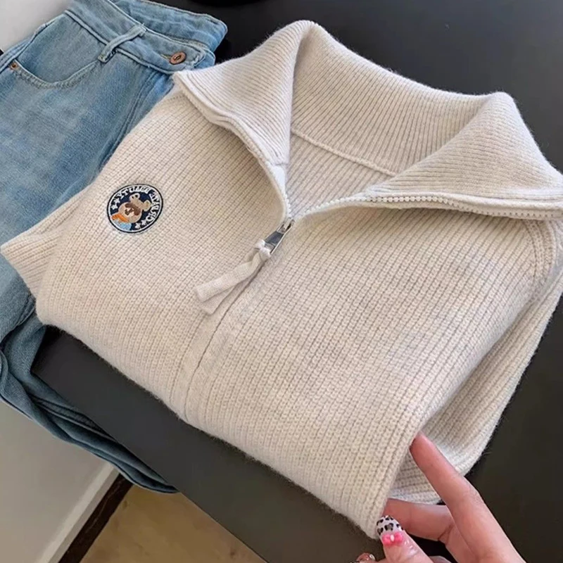 Серый вязаный свитер кардиган женский осенне-зимний новый пальто с отложным