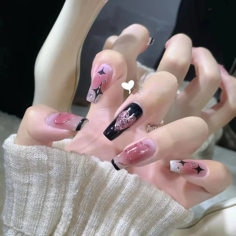 

Накладные ногти Y2k с клеем, розовые, золотые, Черные накладные ногти Hottie для удаления столкновений ручной работы, съемные ногти с полным покрытием, накладные ногти