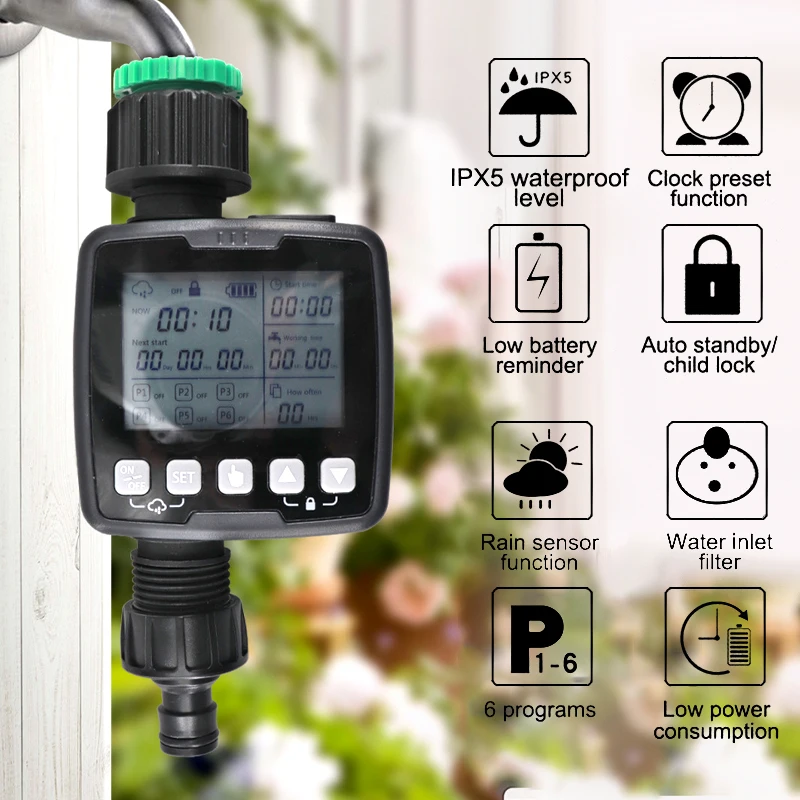 

Automatic Watering Timer Smart Irrigation Controller with Rain Sensor Outdoor Garden IPX5 Waterproof LCD Drip Water Device