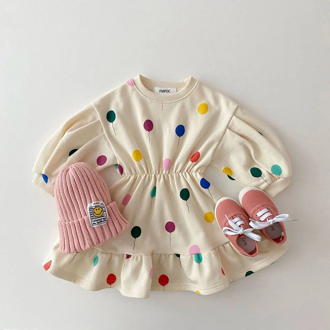 

2022 New Spring Baby Girl Clothes Sets Cute Stitching Dress Pure Cotton Long Sleeve Female Baby Cartoon Print Dresses Clothing