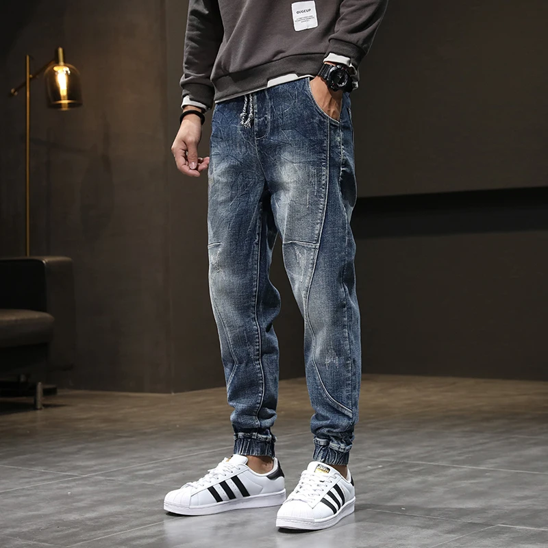 Street Fashion Men Jeans Retro Gray Blue Elastic Casual Denim Cargo Pants Hombre Spliced Designer Hip Hop Joggers Men Overalls