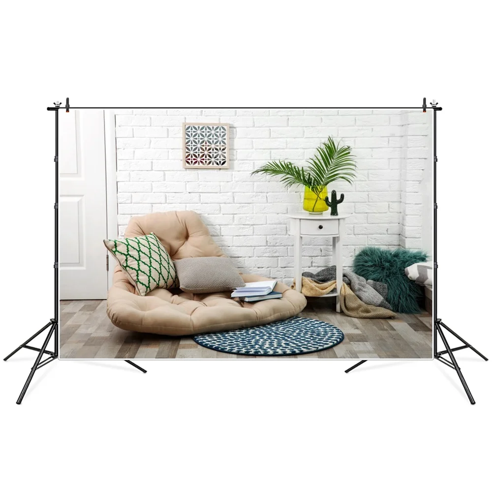 

Brick Wooden Living Room Home Studio Party Decoration Photo Backdrops White Sofa Plants Books Birthday Photography Backgrounds