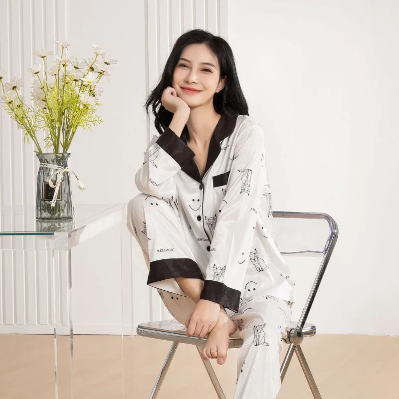 2023 Spring and Autumn New Pajamas Women's Ice Silk Long Sleeve Trousers Suit Cartoon Kitten Smiley Homewear Suit