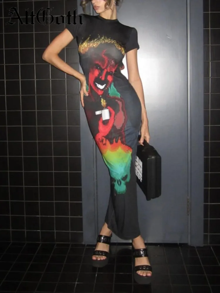 

AltGoth Streetwear Dark Goth Cyber Dress Women Vintage Harajuku Grunge Emo Alt 3D Printed Short Sleeve Backless Bodycon Dresses