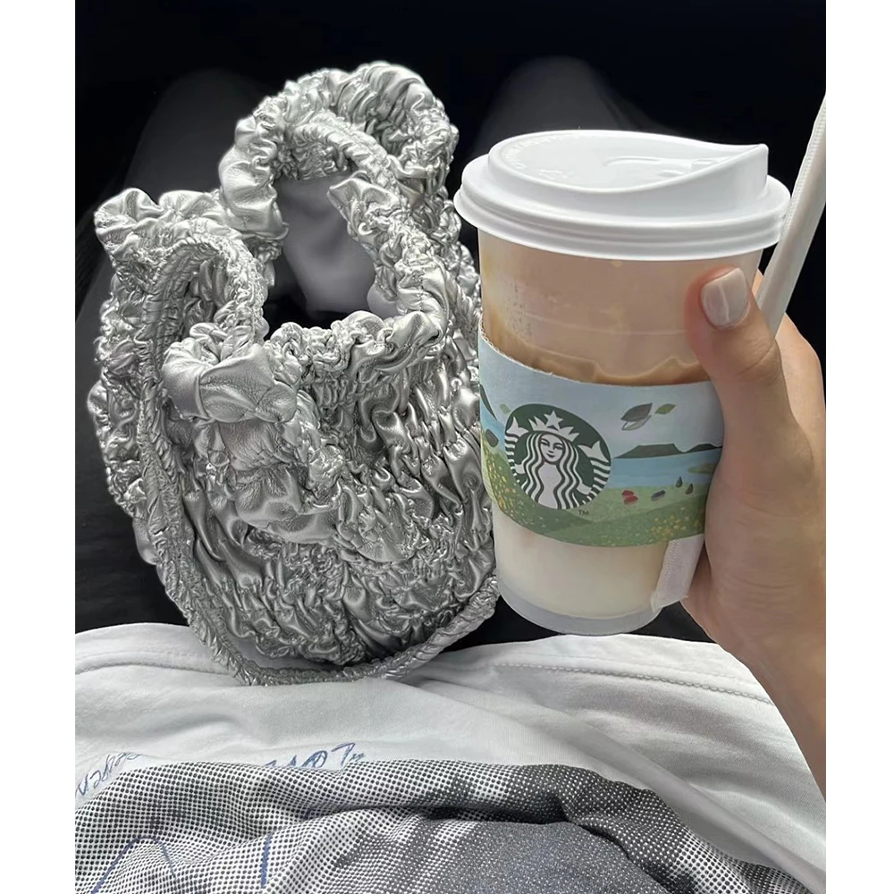 Fashion Pleated Bucket Bag Silver Handbags Soft Leather Shoulder Bag Drawstring Designer Crossbody Bags for Women Tote Hobos New