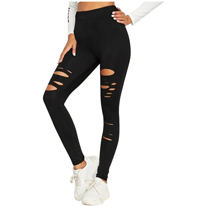 Hole Style Sexy Leggings Women Ripped Pencil Pants Trousers Stretch Fashion Ankle Length High Waist Leggins Solid