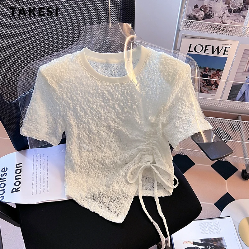 

2023 Summer Korean Hotsweet Solid Color Short Sleeve Round Neck T-Shirts Women's Folds Sheath Sexy Sweet Basics Tees Crop Tops