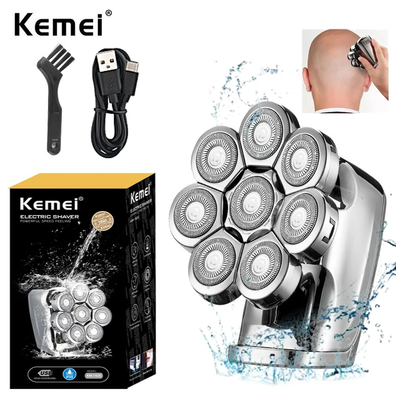 

Электробритва Kemei 8D мужская с 8 головками, перезаряжаемая вращающаяся водонепроницаемая для влажного и сухого бритья бороды, портативный мини-станок для бритья ЛЫСЫХ