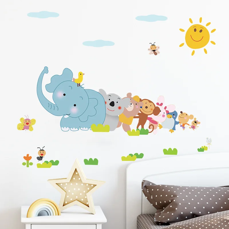 

Happy Animals Elephant Monkey Wall Sticker For Kids Room Bedroom Home Decor DIY Art Background Decals Cute Cartoon Zoo Stickers
