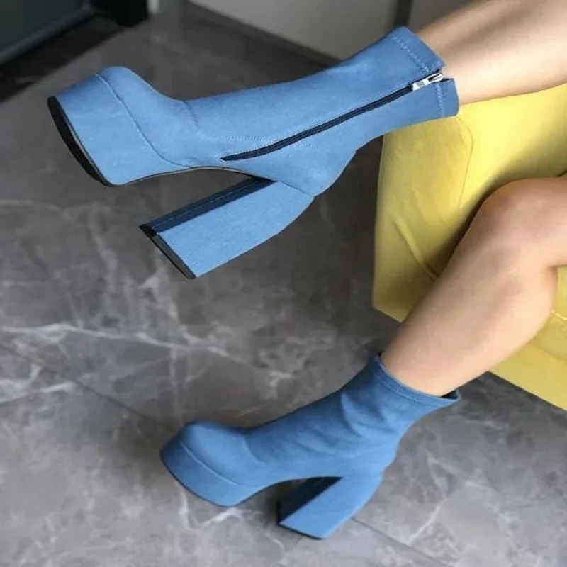 

2023 Winter Platform Denim Women ankle Boots Brand New Fashion Trendy Boots Elegant Cowgirl Women Ankle Boots