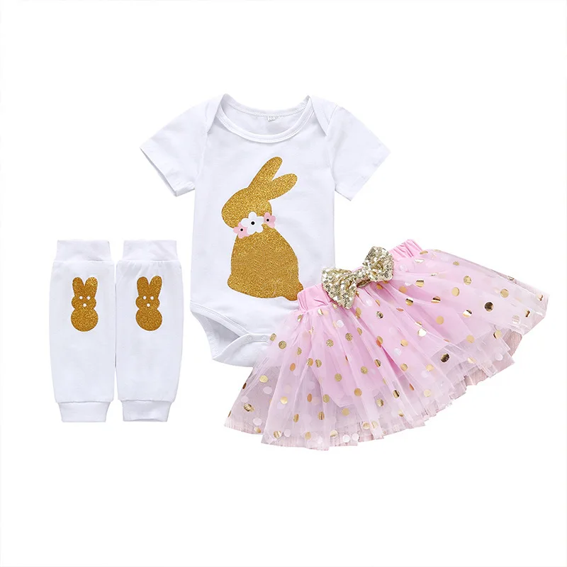 

Baby Girl Clothing Set 2022 Spring/Summer Baby Suit Cute Rabbit Romper + 2 Foot Covers + Short Skirt 4PCS Girls Suit