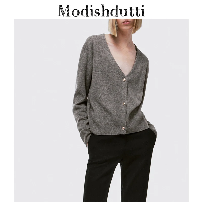 Modishdutti 2022 Autumn Woman Fashion Long Sleeve V-Neck Single-breasted Knitted Sweater Female Casual Solid Simple Tops