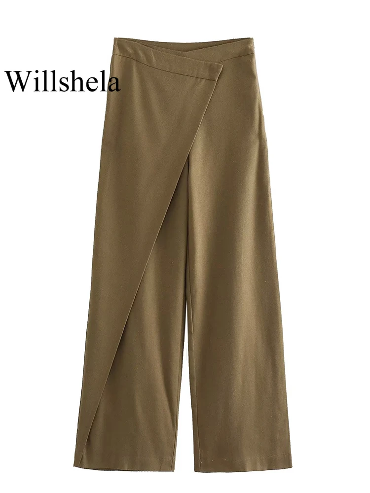 

Willshela женские модные льняные зеленые Асимметричные прямые брюки с боковой молнией винтажные длинные брюки с высокой талией женские шикарные брюки