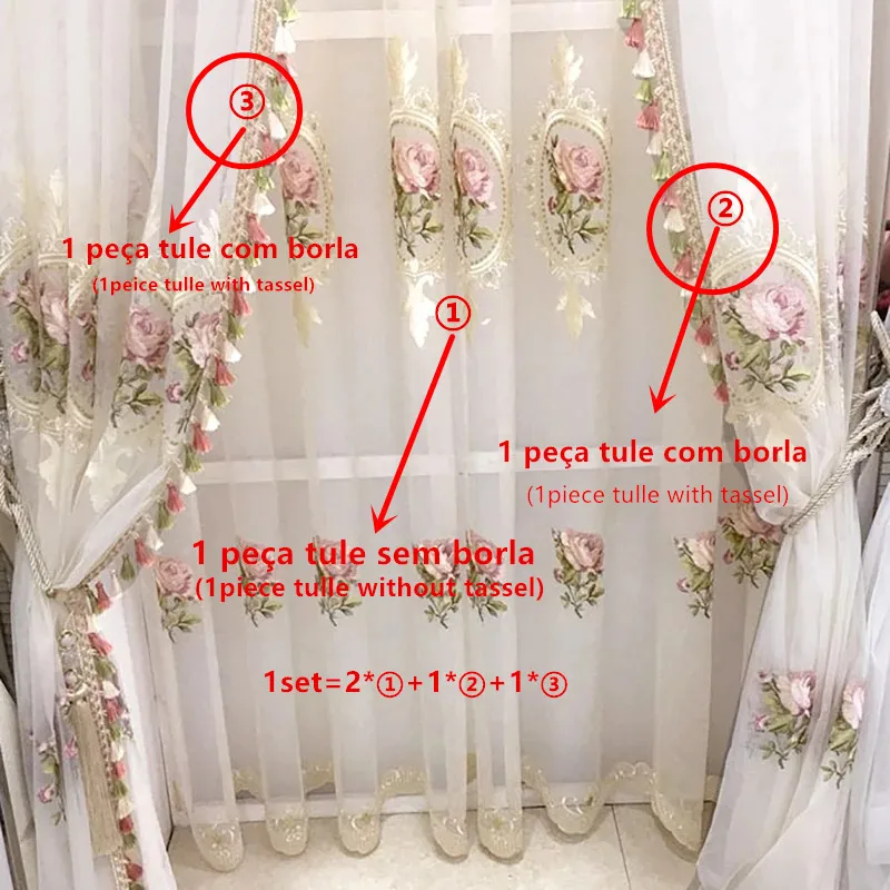 Luxury White Embroidery Flowers Curtains for Living Room Chinese Classical Peony Window Screen Panels for Bedroom Tassel Tulle T