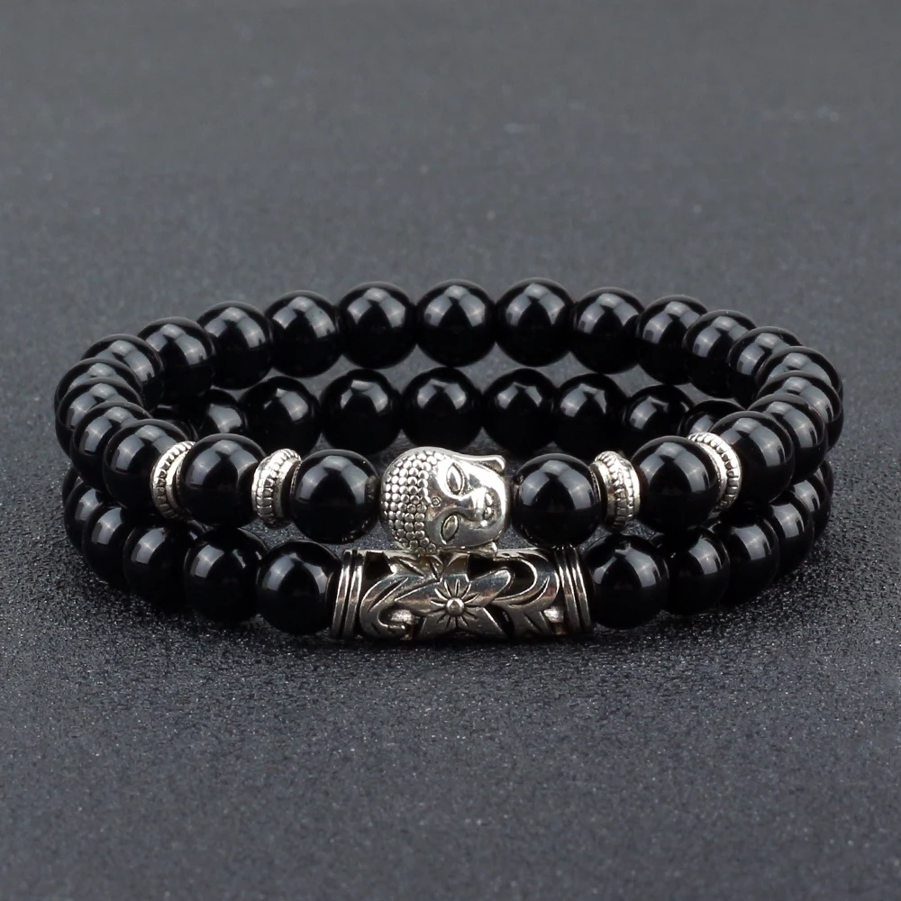 

2pcs/set Men Buddha Head Charm Bracelets Charm 8mm Natural Tiger Eye Black Lava Stone Bracelet Fashion Woman Yoga Prayer Jewelry