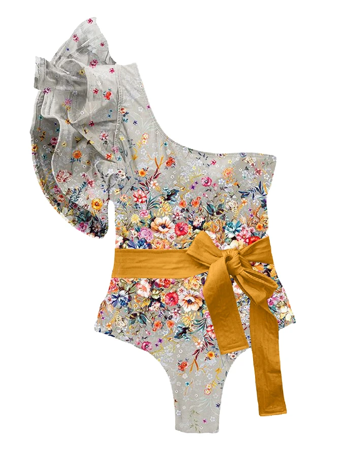 

Сплошной купальник с оборками и цветочным принтом с цветными блоками и накидкой