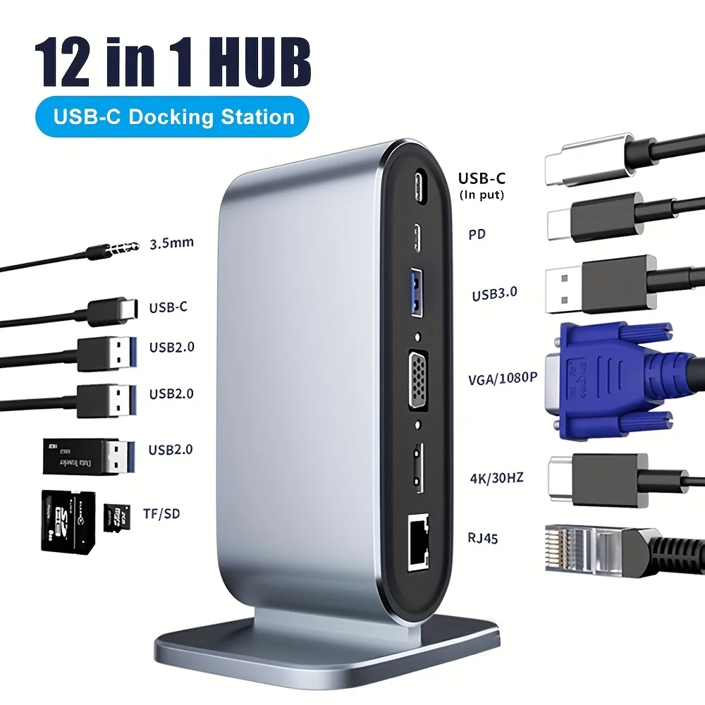 

Multifunctional Dark Grey Aluminium Alloy 4K-TV VGA Docking Station Charger For Laptop, 12 In 1 Usb C Hub For Laptop Macbook Pro