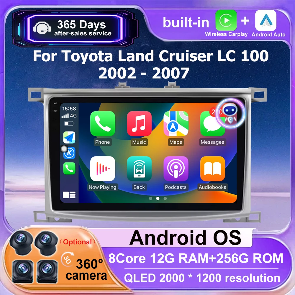 Фото 10-дюймовый автомобильный мультимедийный проигрыватель Android 16 с Bluetooth для Toyota Land Cruiser LC 100 2002-2007 и Lexus LX470 J100 2 II 2002-2007 №1