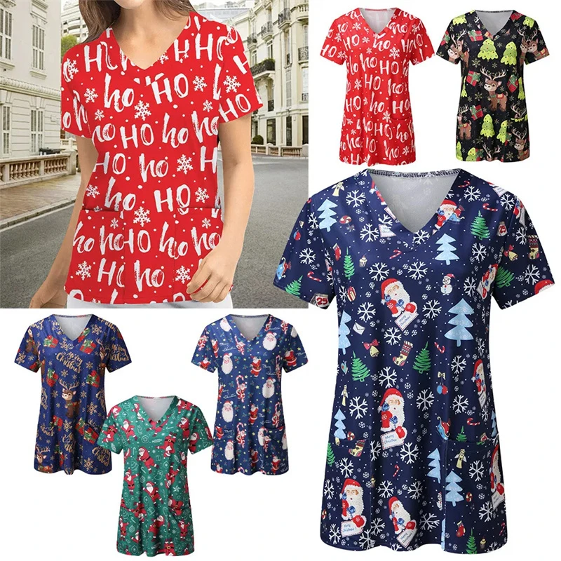 Женская униформа медсестры рабочая футболка с принтом С Рождеством коротким