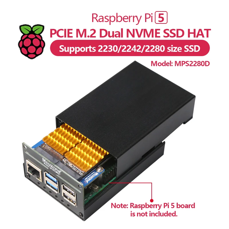 MPS2280D Raspberry Pi 5 PCIE M.2 Dual NVME SSD HAT с поддержкой твердотельного накопителя 2280/2242/2230