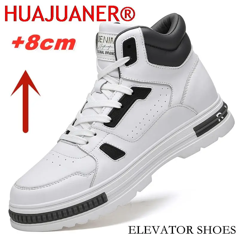 

HUAJUANER High Top Elevator Shoes Casual Men Sneakers Heightening Height Increase 8cm Cow Split Leather Leisure Designer Shoes