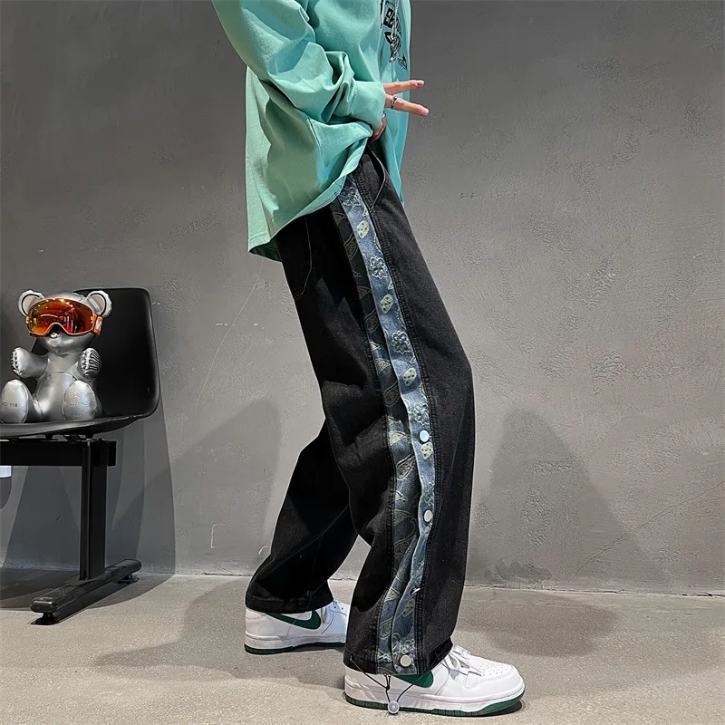 Harajuku Style Wide Leg Jeans Men's Ins Fashion Brand Spring Retro Draping Straight Button Pants Loose Daddy Pants