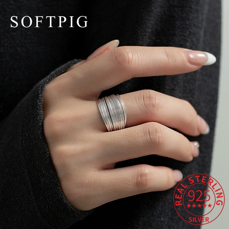 

SOFTPIG Real 925 Sterling Silver Multi Layer Lines 1CM Wide Surface Round Ring for Women Fine Jewelry Geometric Accessories