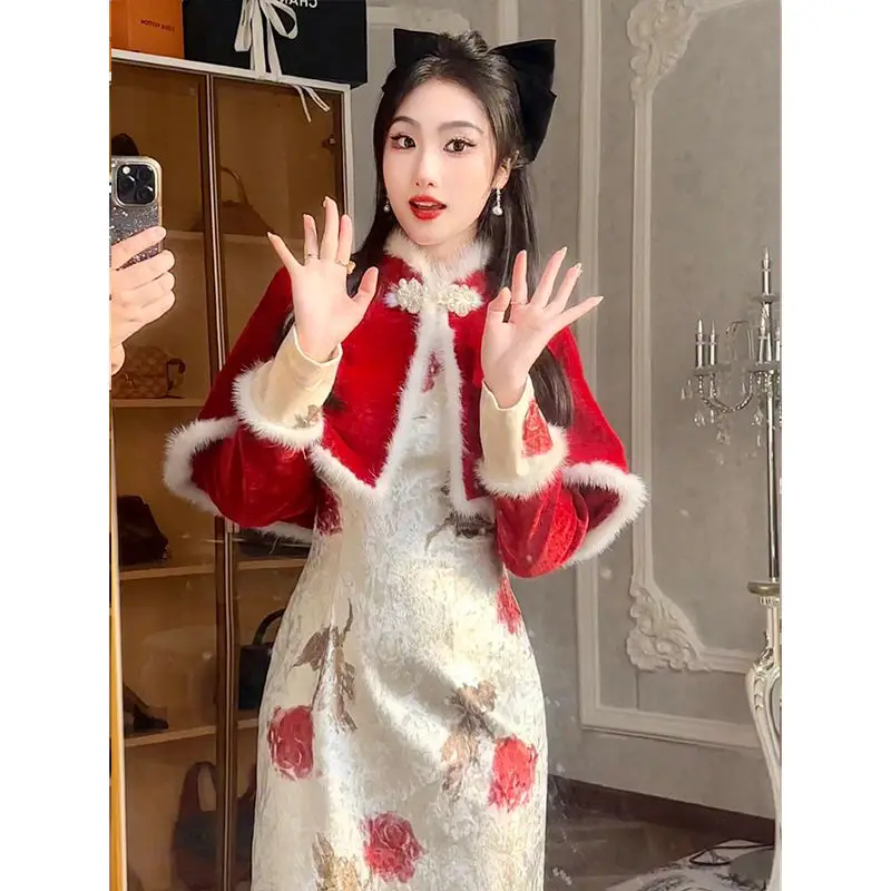 Стиль Тан Qipao женское цветное лоскутное платье на плечах для молодых девушек