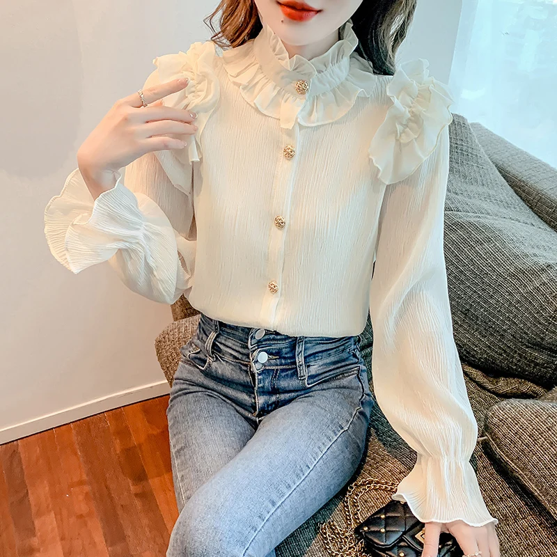 

In the new spring shirt female design feeling small ultra fairy falbala collar chiffon lace