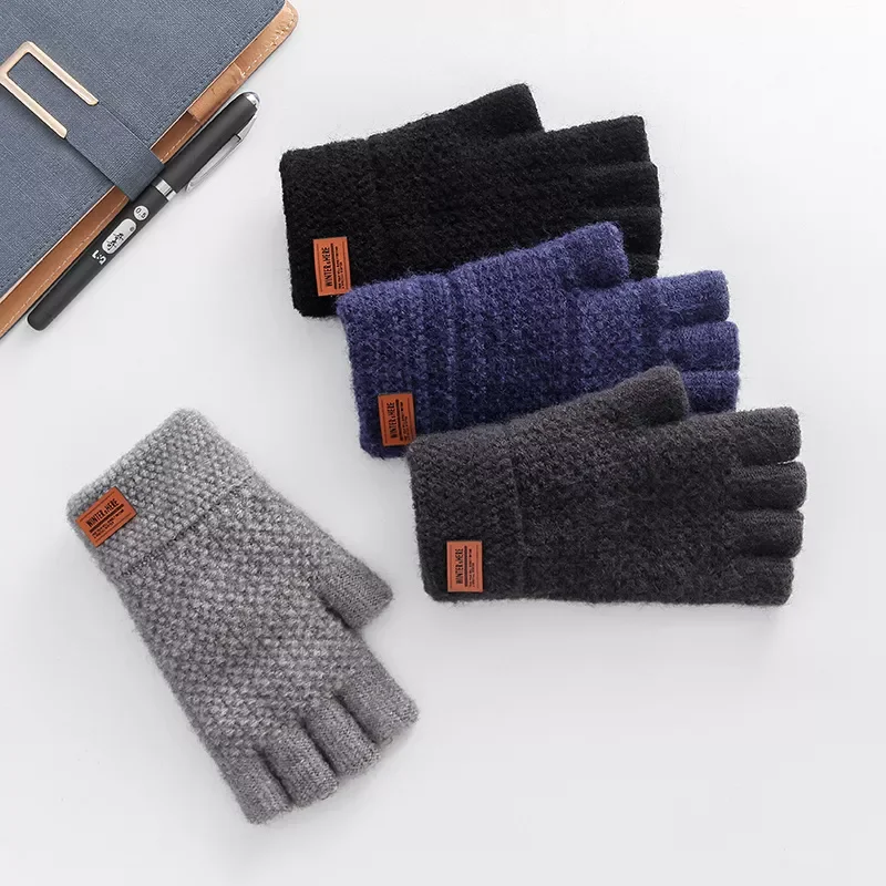 

Color Black Half Finger Fingerless Gloves for MenWool Knit Wrist Cotton Gloves Winter Warm Stretch Elastic Gloves Women