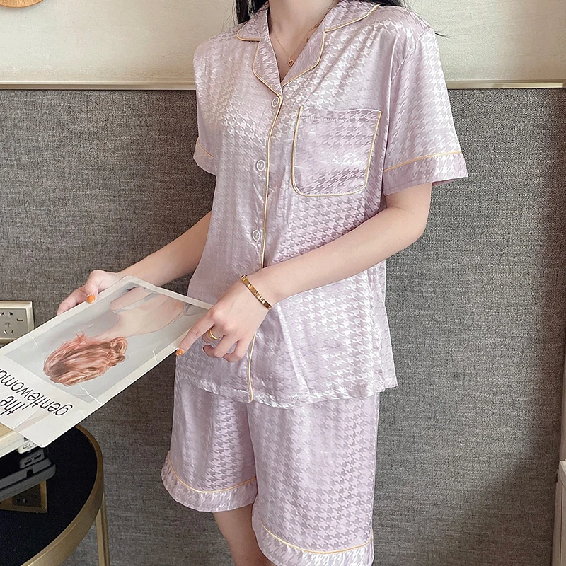 CAIYIER 2022 Colorful Plover Grid Print Women Sleepwear Summer Silk Korean Pajamas Set Ladies Large Size M-4XL Sexy Lounge Wear