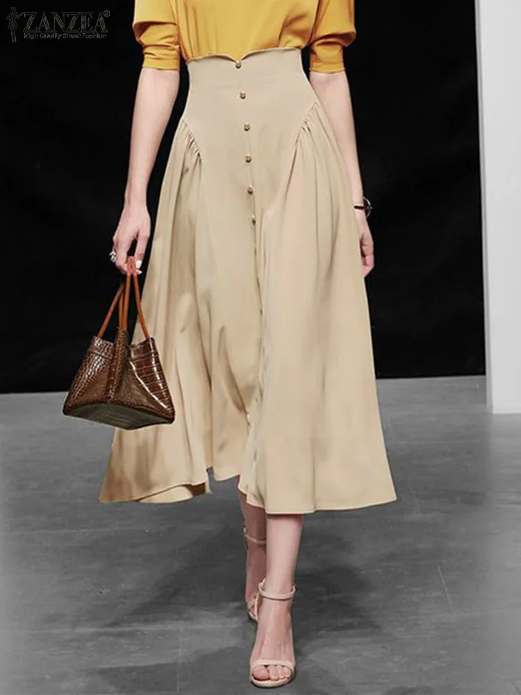 

ZANZEA Party Prom Casual Midi Skirt Satin Elegant Skirt Women OL Jupes Solid Color High Waist Fashion Button Pleated Trim Faldas