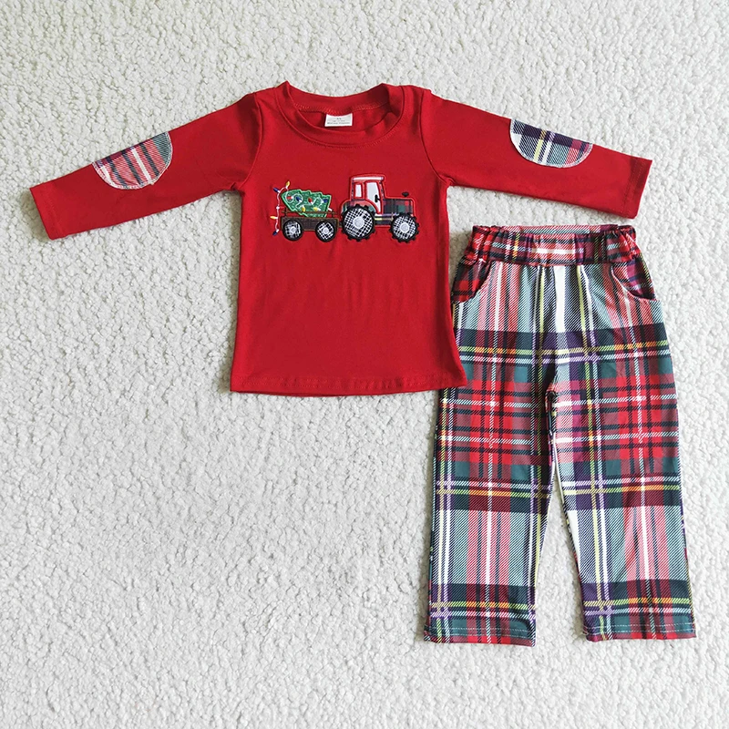 תינוק ילד חג המולד עץ משאית חדש בגדי רקמת ילדי אדום כותנה ארוך שרוול סט משובץ מכנסיים ילדי תלבושת תינוק פיג 'מה