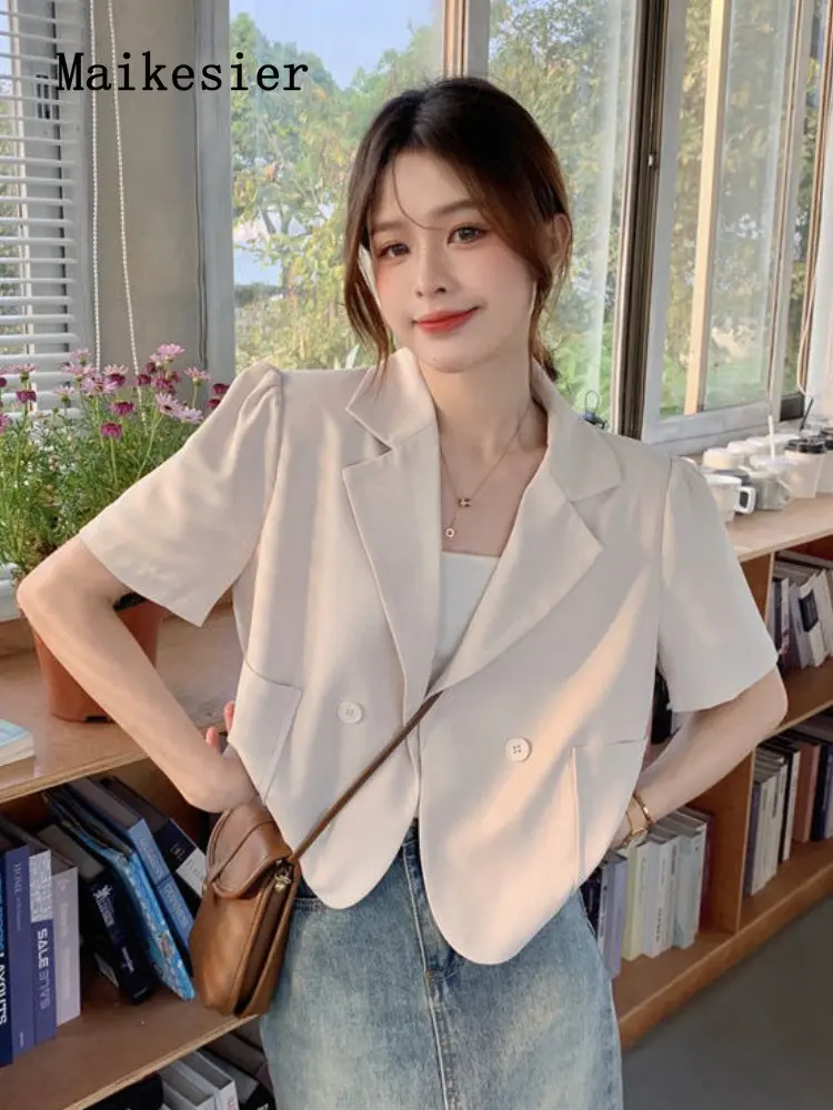 

Женский короткий пиджак на пуговицах, элегантная верхняя одежда с коротким рукавом, весна-лето 2023