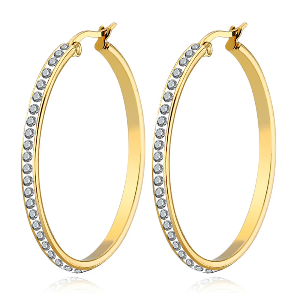 Купи Cubic Zirconia Hoop Earrings For Women Gold Color Stainless Steel CZ Earring Trendy Bling Bling Female Jewelry Gifts за 264 рублей в магазине AliExpress