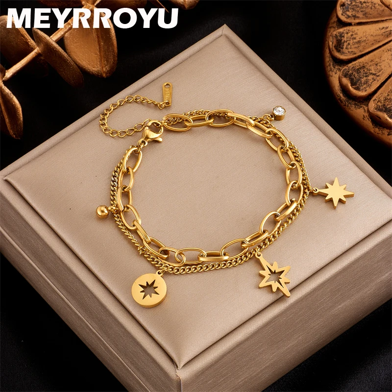 

MEYRROYU 316 Stainless Steel New Star Double Layer Link Chain Bracelet For Women Jewelry Party Wedding Friends Best Gifts Bijoux
