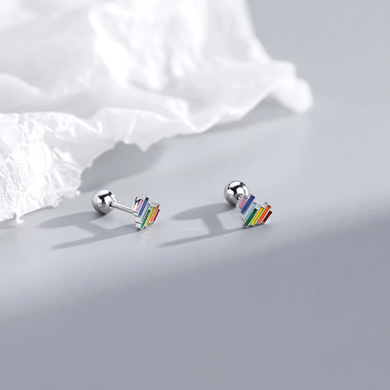 

925 Sterling Silver Korean Rainbow Heart Stud Earrings For Women Fashion Screw Bead Piercing Jewelry Birthday Party Gifts