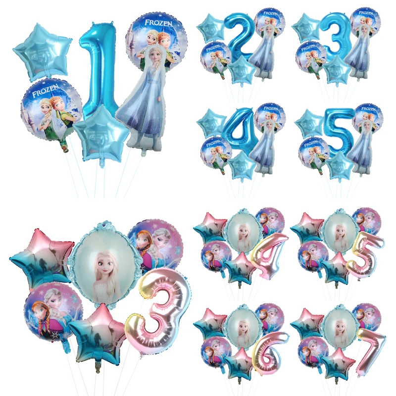 1set Disney Princess Frozen Elsa Anna Foil Balloons Set Gradient Blue Number Balls 1 2 3 4 5 6 7 8 9th Birthday Party Decoration