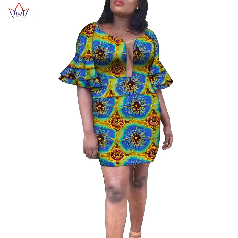 Summer African Dresses for Women Cotton African Print Short Dresses Deep Neck Flare Sleeve Mini Dress Dashiki Plus Size WY7298