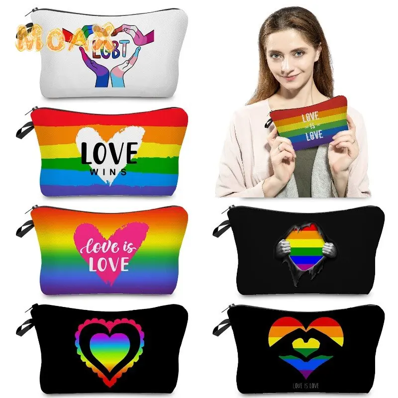 

Rainbow Heart Print Cosmetic Bag Female Portable Travel Toiletry Makeup Bags Stationery Storage Pencil Case Zipper Small Purse