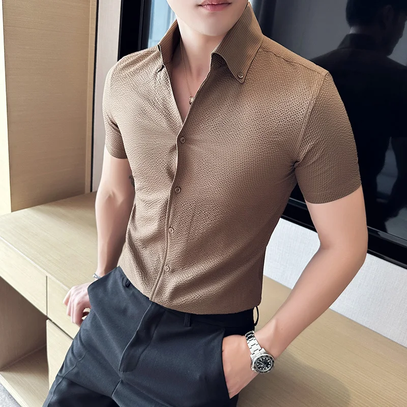 

British Style Summer Waffle V-neck Shirt Men Short Sleeve Slim Casual Business Formal Dress Shirts Social Party Tuxedo Blouse